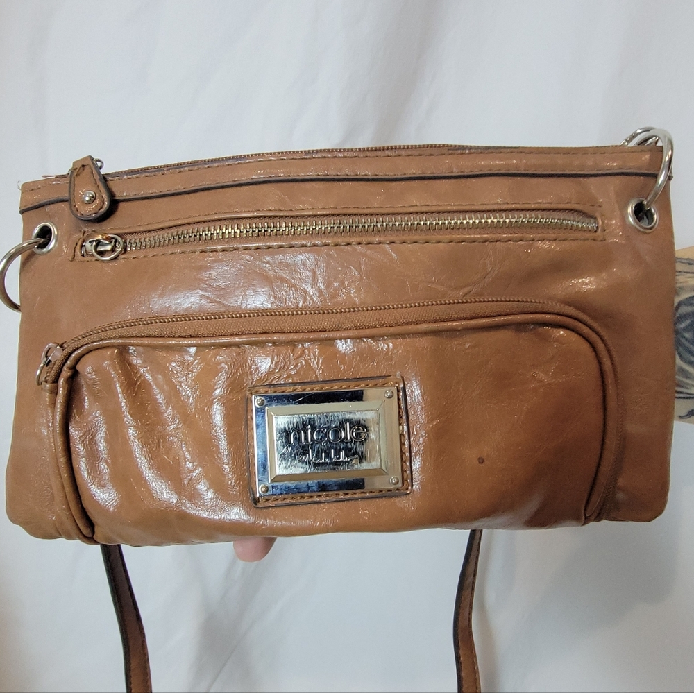 Vintage Nicole Miller New York BrownLeather Silver Accent Crossbody Purse